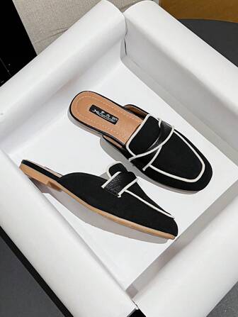 Fall/Winter Square Toe Backless Mules For Women, Flat Slip-On Loafer Slides