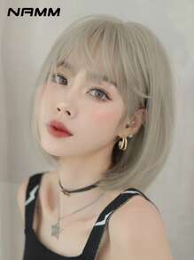 NAMM 女士时尚鲍勃假发 12 英寸短直假发，带刘海，灰色挑染白发，高密度耐热合成假发，适合女孩日常部分使用 - 挑染灰色 - 查看 2