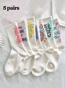 5 Pairs Random Letter Print Sports Socks, Unisex