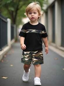 2pcs/Set Young Boy Camouflage Print Colorblock Short Sleeve T-Shirt And Shorts Set, Summer