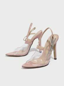 女士尖头高跟凉鞋，带水钻蝴蝶结，PVC透明玻璃设计，性感后带，优雅的浅粉色，适合春夏季派对、户外场合