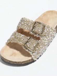 Wide Fit Beige And Black Rhinestone Studded Slip-On Flat Sandals, Casual Home, Beach, Vacation Wear, Wooden Texture Mule Slippers - Apricot - View 6