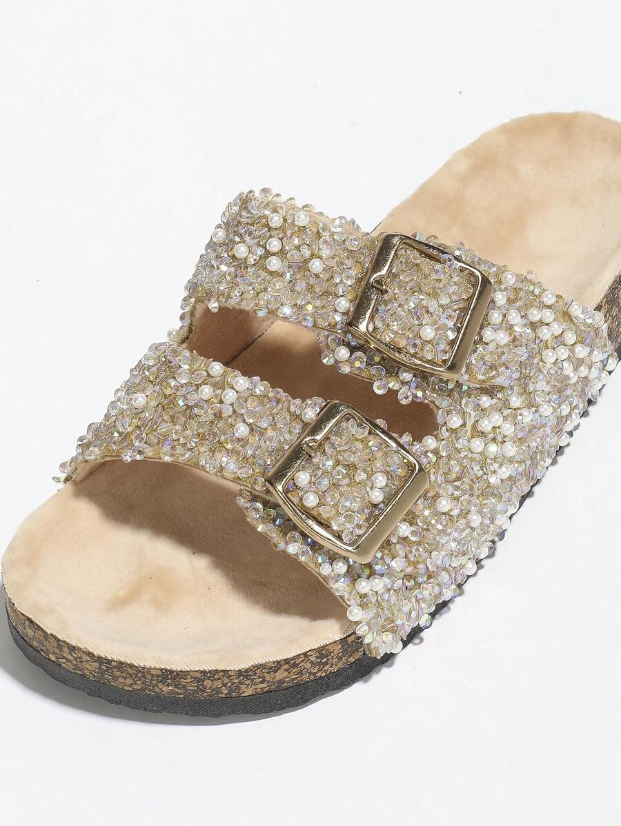 Wide Fit Beige And Black Rhinestone Studded Slip-On Flat Sandals, Casual Home, Beach, Vacation Wear, Wooden Texture Mule Slippers - Apricot - View 1