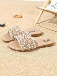 Summer Kids' Fashion Slide Sandals, Girls' Pearl Decor Princess Shoes, Flat Casual Beach Slippers, Suitable For Everyday Outing And Outdoor Vacation
