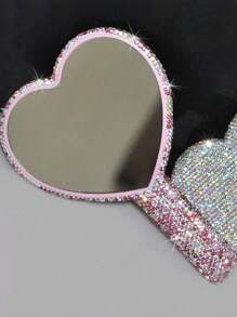 1pc Rhinestone Series, Diamond-Studded Heart-Shaped/Round/Square Mirror, Portable Handle Mirror, Makeup Handheld Mirror, Cute Small Mirror, Hand-Held Mirror