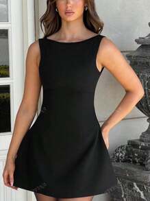 Plus Size Vrouwen Modieuze Minimalistische Elegante Getailleerde Zwarte Gebreide Rugloze A-lijn Jurk