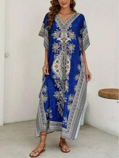 Floral Print Dress, Elegant V-Neck Short Sleeve Dress, Kaftan