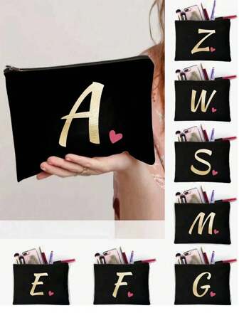 首字母印花拼布女士化妆包，金箔字母红色爱心图案，黑色小包，字母A-Z拉链女士化妆包，化妆包可印Logo图案，印有英文字母女士收纳包。简单