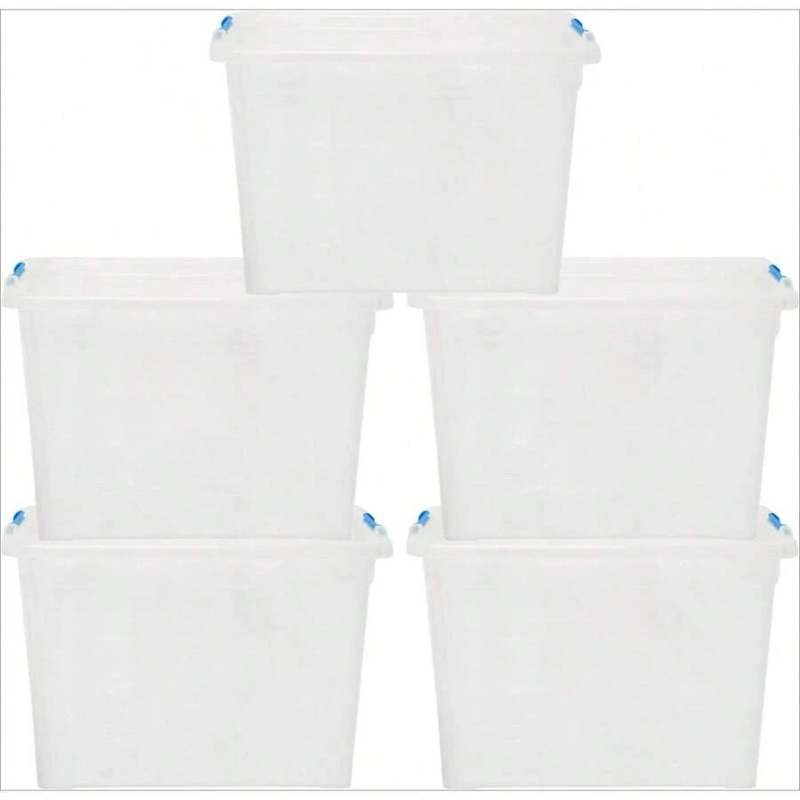 80 Litre 80L Stackable Plastic Storage Box With Clear Click Lock Closure Lid - 39cm (H) X 58cm (L) X 40cm (W) - Set Of 5 - Clear - View 1