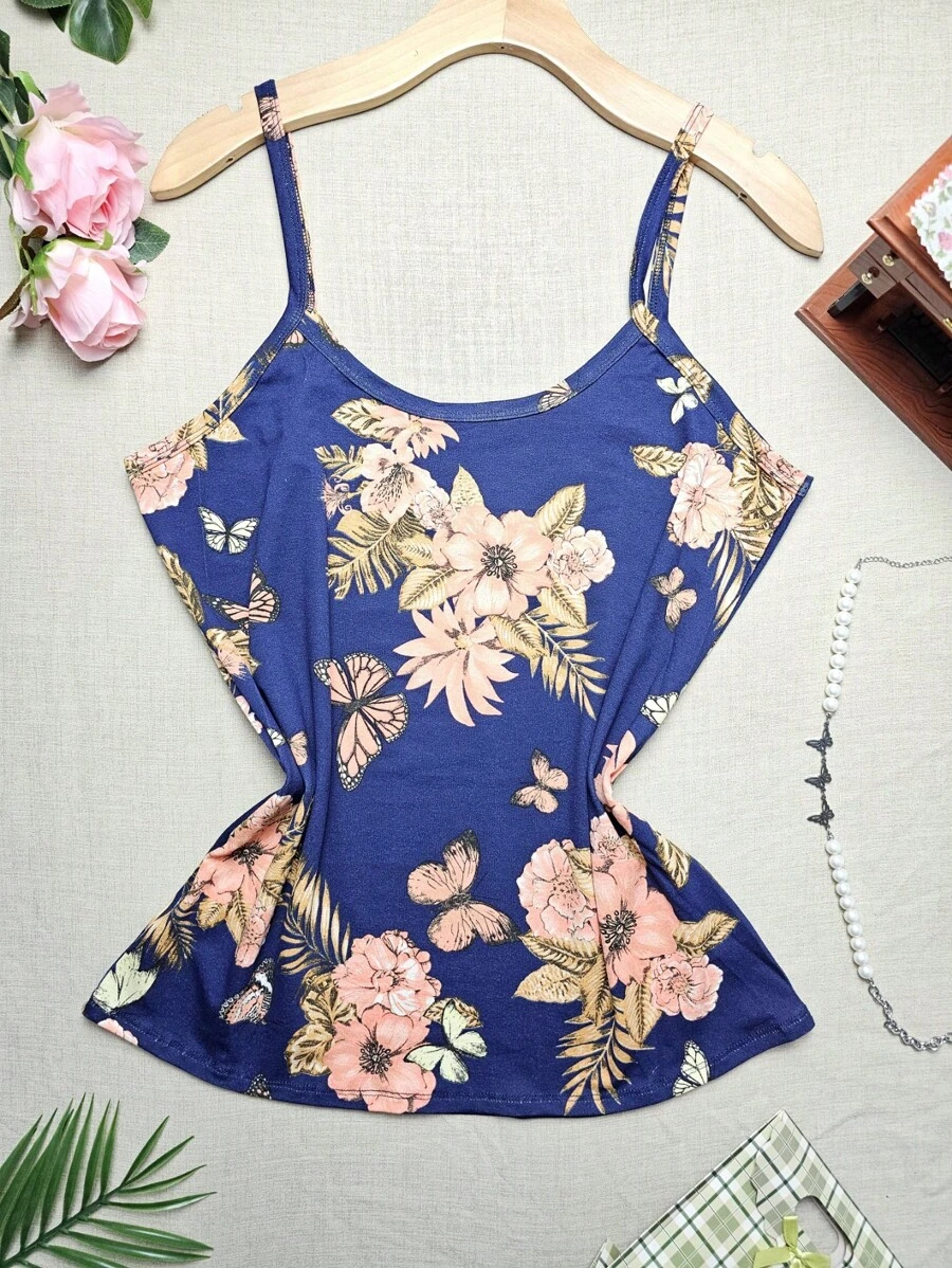 FASHION Women's Tank Top Plus Size Straps G1 Stretches Well NEW Prints - 蝴蝶 藏藍 - 查看 1