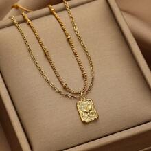 2 pièces Ensemble de colliers vintage élégants en or avec pendentif carré zirconié étincelant et rectangle - Design de chaîne perlée élégant pour un port quotidien et festif