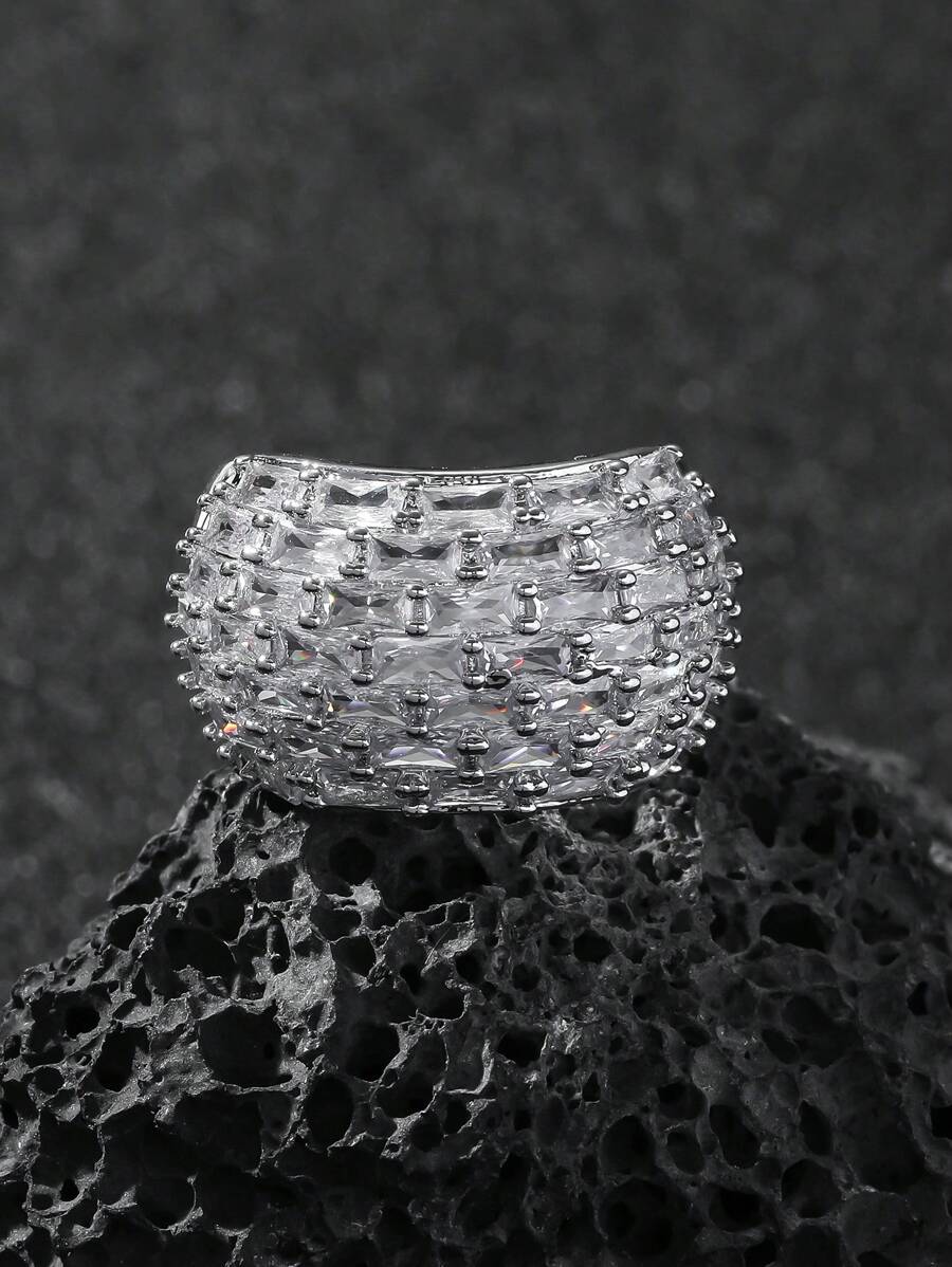 1 件耀眼宽环戒指，镶有方晶锆石，时尚珠宝，适合新娘宴会装饰、日常佩戴、爱情周年纪念礼物 - 彩色 - 查看 1