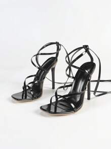 Women's Fashion High Heel Shoes, PU Leather Flat Strap Sandals, Strappy Wrapped Around Ankle Sandals, Toe-Thong Sandals, Classic Square Toe Sandals, Black Lacquered Heel Sandals, Thin Heel Sandals, Summer Outdoor Regular High Heel Sandals, Women Black Sandals