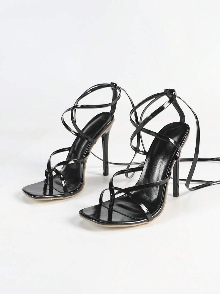 Women's Fashion High Heel Shoes, PU Leather Flat Strap Sandals, Strappy Wrapped Around Ankle Sandals, Toe-Thong Sandals, Classic Square Toe Sandals, Black Lacquered Heel Sandals, Thin Heel Sandals, Summer Outdoor Regular High Heel Sandals, Women Black Sandals - Black - View 6