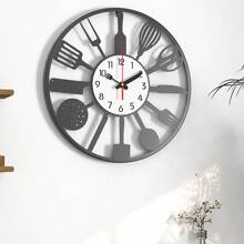 Creative Kitchen Utensil Silhouette Decorative Wall Clock, Unique Knife & Fork Pointer Iron Art Fashion Timer, Silent