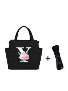 White Letters A~Z Printed With Flowers Lunch Bag For Women Men,With A Black Cutlery Storage Bag, Leakproof Insulated Soft Large Lunch Cooler Bag - Reusable Lunch Bag ,Solid Color Tableware Storage , Leak-Proof Portable Fabric Tableware Bag