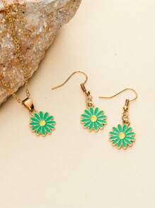 Set de 3 piezas: Collar con colgante de flor de margarita chapada en metal, pendientes minimalistas, conjunto de joyería de moda para niñas y amigas