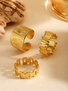 1 件/3 件不锈钢金色几何不对称垂直条纹戒指，复古时尚百搭设计，适合女性日常、派对、节日穿着、送礼、旅行和摄影 - 彩色 - 查看 5