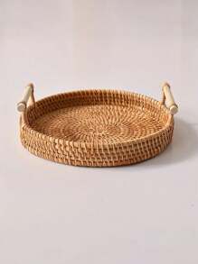 1 pieza Bandeja de servir de ratán hecha a mano, bandeja de té de ratán tejido natural de doble asa, plato de frutas, canasta de pan y snacks, bandeja redonda de ratán hecha a mano, canasta de snacks, canasta de almacenamiento tejida, plato de almacenamiento, estilo rústico, adecuado para la cocina del hogar - Caqui - Ver 2