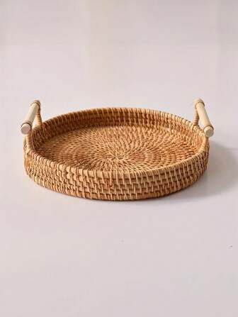 1pc Handmade Rattan Serving Tray, Natural Woven Rattan Double Ear Tea Tray, Fruit Plate, Bread & Snack Basket, Handmade Rattan Round Tray, Snack Basket, Storage Woven Basket, Storage Plate, Country Style, Suitable For Household Kitchen