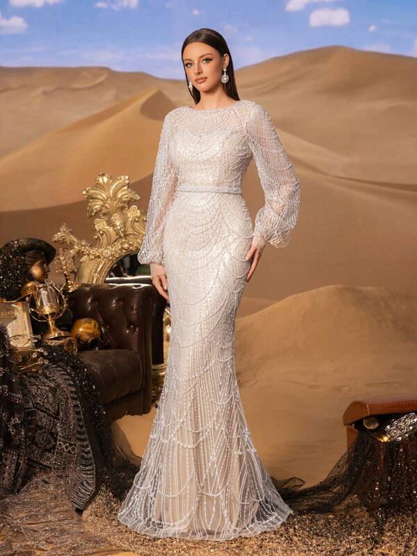Haute Glamour Elegant Luxurious Sequined Mermaid Gown With Long Sleeves - Sparkling Crystal-Beaded Accents For Red Carpet Events, Celebrity Weddings, Gala Dinners, And Editorial-Ready Fashion Showouts