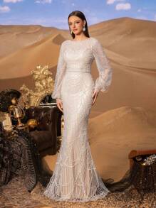Faeriesty Haute Glamour Elegant Luxurious Sequined Mermaid Gown With Long Sleeves - Sparkling Crystal-Beaded Accents For Red Carpet Events, Celebrity Weddings, Gala Dinners, And Editorial-Ready Fashion Showouts