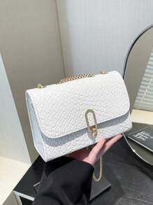 1 pièce Sac à épaule en tissu texturé unicolore pour femme, sac bandoulière minimaliste à boucle et chaîne à la mode, convient pour les voyages, les rendez-vous, les courses