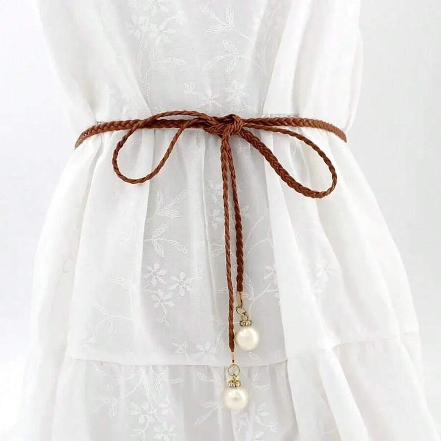 Woven Slim Waist Belt Decorative Waist Rope For Women, Sweet Tie Waist Chain For Dresses, Pearl Waist Accessory - Multicolor - View 1