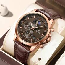 RUIGE Men's Casual Quartz Watch PU Business Men's Watch Multi-Function Chronograph Calendar Luminous Men's Gift Watch - one-size - View 3