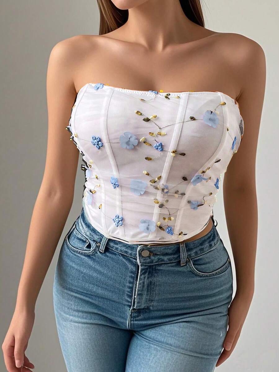 Summer New Black Breathable Mesh Elastic Sexy Top Breathable Corset Extended Size Women'S Shapewear Solid Mesh Ruchedtube Corset Bodysuit - Blue - View 1