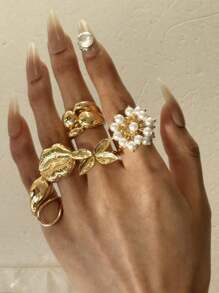 Set de 5 anillos de lujo únicos y elegantes con geometría exquisita, perlas falsas y mariposas y flores para los labios, adecuado para festivales, fiestas y uso diario