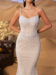 Faeriesty 优雅吊带珍珠点缀美人鱼礼服，适合精致晚宴及正式场合 | 盛大晚宴、婚礼、红毯秀、奢华派对、春假派对 - 香檳色 - 查看 6
