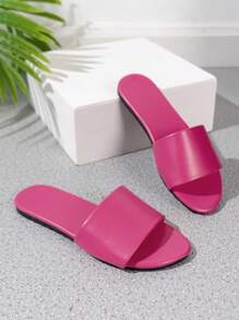 Sandalias planas de tira sólida con punta redonda y antideslizantes en color rojo rosa clásico, zapatos para mujer de talla grande, atuendos de primavera y verano - Rosa Fucsia - Ver 4