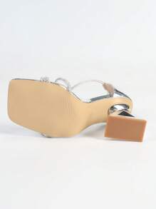 Fashionable Women High Heel Sandals With Rhinestone Straps, Backzip Closure Design Minimalist Strap Square Toe Sandals Silver Metallic Triangular Heel High Heel Sandals Chic Metallic Outdoor Summer Regular Sandals Women Silver Sandals