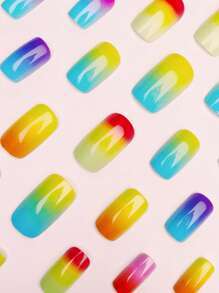24 Stück Multi-Farben Kurze Quadratische Glänzende Regenbogen Farbverlauf Künstliche Nägel, Elegante Farbverlauf Tragen Künstliche Nagel Spitzen Aufklebe Nägel Nagel Zubehör - Verschiedenfarbig - Übersicht 3