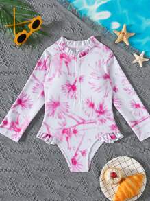 New Vacation Beach Style Tween Girl Ruffled Collar Long Sleeve One-Piece Swimsuit, Summer - Baby Pink - View 1