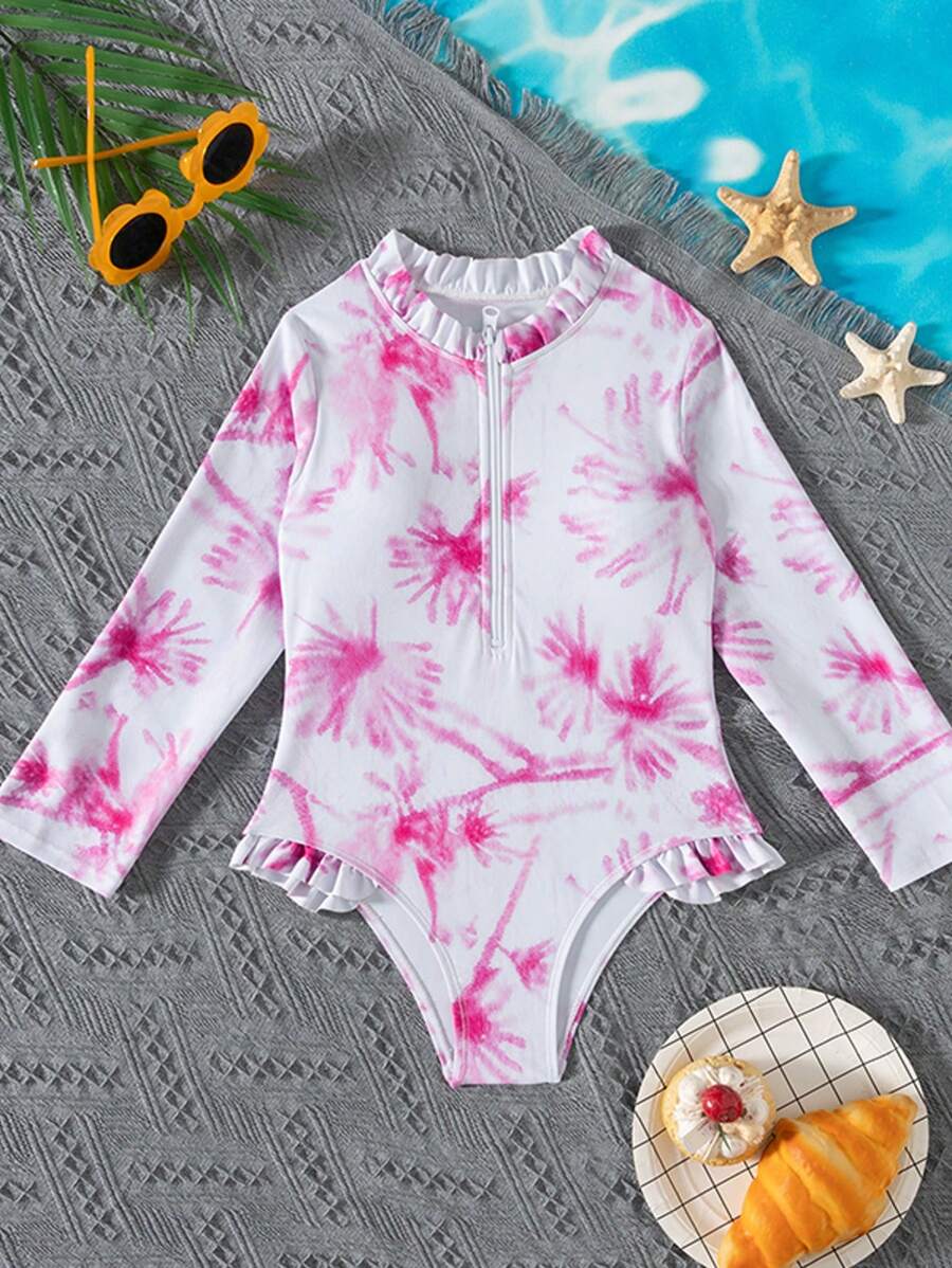 New Vacation Beach Style Tween Girl Ruffled Collar Long Sleeve One-Piece Swimsuit, Summer - Baby Pink - View 1