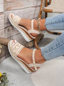 2025 New Lace Patchwork Rope Weaving Hollow Buckle Design Casual Commute Sweet Versatile Style Summer Plus Size Thick Bottom Faux Wood Grain Wedge Sandals For Women