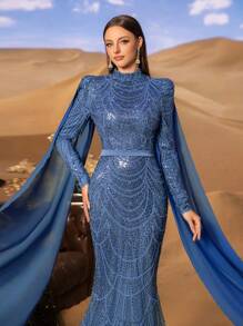 Elegant Long Sleeve Stand Collar Evening Gown With Flowing Cape & Mermaid Hem - Formal Dresses For Galas, Red Carpet, Weddings, Evening Soirees, Party Dress, Wedding Guest Dress - Màu xanh bụi bặm - Xem 7
