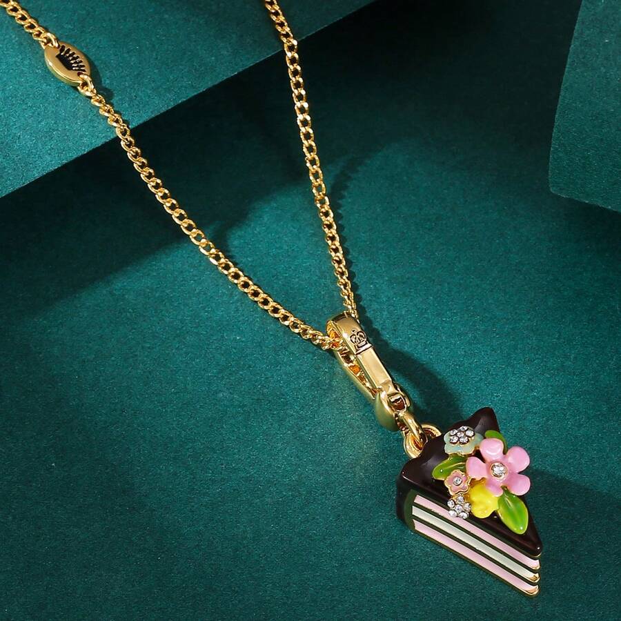 1 件优雅珐琅镶嵌水晶花和三角形蛋糕吊坠项链，适合女性日常佩戴 - 琺瑯彩釉鑲鑽花朵三角蛋糕吊墜項鍊 - 查看 1