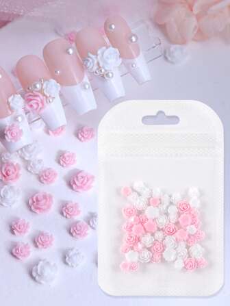 50Pcs Pink And White 6Mm/8Mm Camellia Nail Accessories White And Pink Rose Accessories Press-On Nails Accessories Nail Supplies Nails Nail Charms Nail Gems