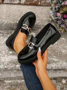 春秋季厚底一脚蹬乐福鞋，舒适粗跟青少年休闲鞋，学院风，百搭，适合学生 - 黑色 - 查看 4