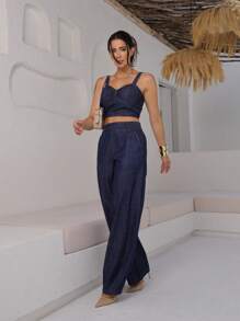 Women's High Waisted Flared Jeans With Elastic Waistband - 帶弓/暗 - 查看 6