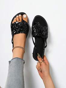 Plus Size Women's Woven Oversized Flower Design Flat Flip Flops - Black - View 2