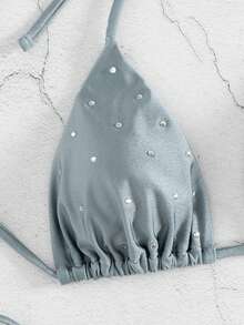 New European Style Women Rhinestone Embellished Bikini Swimwear Set - Grey - View 4