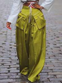 Pantalon décontracté à la mode pour femmes au printemps et en été, avec poches tridimensionnelles amovibles et jambes larges. Convient pour les concerts, les festivals rave et le streetwear pour femmes.