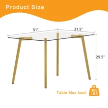 51 * 31.5 Inch Rectangular Dining Table: Transparent Glass Paired With Golden Seven Character Legs, Showcasing A Luxurious Texture. Suitable For Various Places Such As Kitchens, Dining Rooms,Etc.