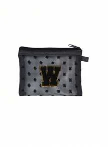 1 pieza Bolsa de malla transparente con forma de corazón linda, Mini bolsa de almacenamiento - Toalla con inicial bordada de la A a la Z, Bolsa cosmética portátil multifuncional para viajes, Bolsa de almacenamiento para maquillaje, cuidado de la piel y lápiz labial, Bolsa de cremallera de malla, Organizador de maquillaje para viajes