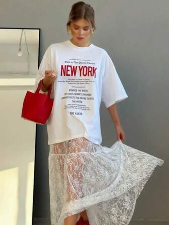 Falda holgada de mujer con encaje y jacquard de talle alto, para oficina/casual, primavera/verano