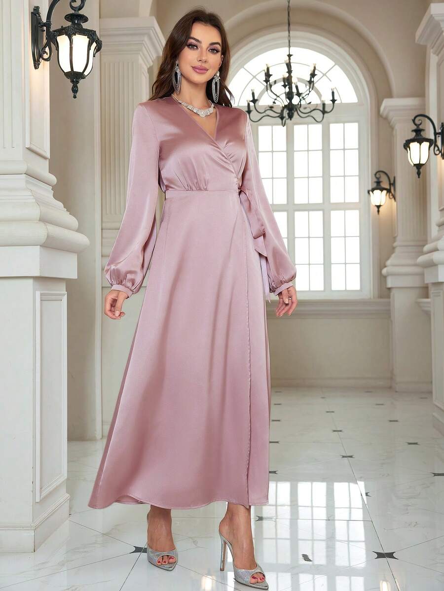 Women's Solid Color Long Sleeve Casual And Elegant Wrap Dress, Party Dress, For Cocktail - Dusty Pink - View 1